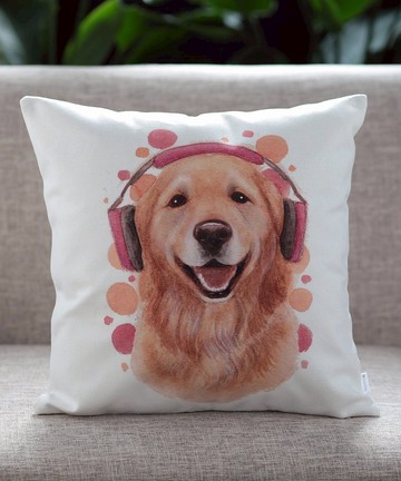 Jubilee 天然亞麻材質 抱枕套 柔軟觸感 金毛尋回犬 戴耳機款