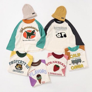 女童可愛T恤純棉卡通圖案2024春秋男童插肩袖百搭長袖上衣大童潮