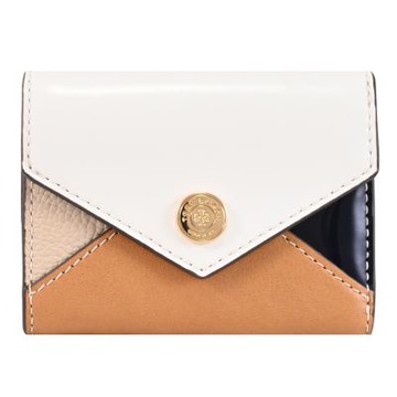 TORY BURCH 漆面皮革拼接撞色扣式三折零錢小短夾(棕/白)