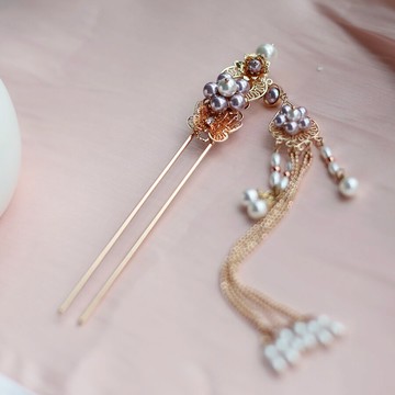 【一斛珠】原創設計紫色發釵溫婉長流蘇步搖漢服盤發簪子旗袍頭飾