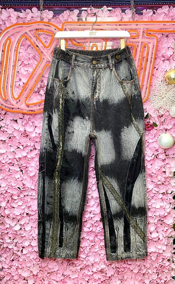 OTT獨一無二•日系重洗水刷洗蕾絲小透視金色蕾絲邊老爹褲