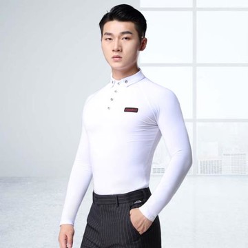 丹寶羅廣場舞服裝摩登舞練功服男士襯衣領白色長袖彈力國標跳舞衣