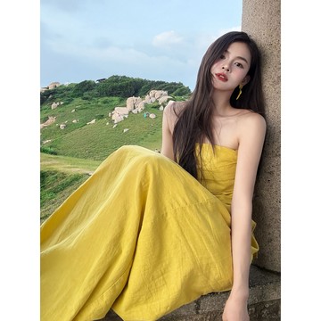 【夏天Summer】🔥】韓系氛圍感穿搭套裝女夏季新款黃色抹胸上衣 高腰半身裙兩件套女