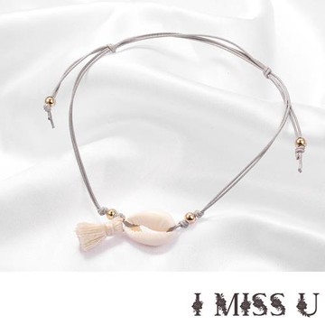 【I MISS U】雙層貝殼海螺棉繩流蘇編織金屬圓球造型腳鍊