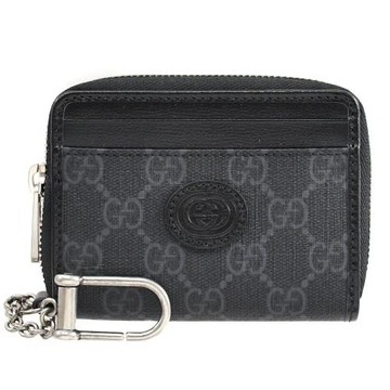 GUCCI 700691 皮標LOGO印花鑰匙圈拉鍊短夾.黑灰