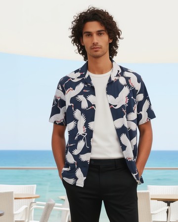 男款和風鶴紋印花 藏青色夏威夷襯衫