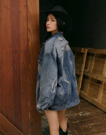 自帶故事的牛仔；仿舊刷破OVERSIZE外套