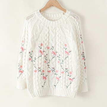 毛衣女秋冬款寬松白色刺繡麻花紋百搭少女學生款圓領套頭針織毛衫