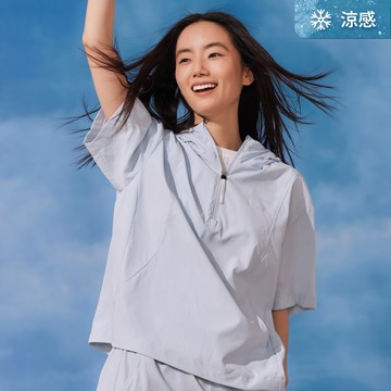 女裝 FROZEN CUBE 涼感 連帽半開拉鍊 短袖上衣 - 藍色