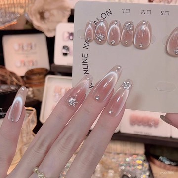 ➕最新設計款穿戴甲💅【明鏡臺】純手工穿戴甲純慾貓眼雪花鋯石爆閃高級純手作美甲10片細狗長尖穿戴甲 BZPS