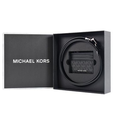 MICHAEL KORS 男款 鐵灰MK緹花LOGO防刮雙面用皮帶/名片夾禮盒-黑色