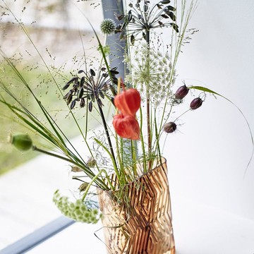 【Hübsch】－660805 琥珀色菱形波紋扁長玻璃花瓶 花器 插花聖誕