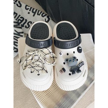 細細條 甜酷卡通小熊系帶洞洞鞋夏季戶外防滑eva百搭包頭涼拖鞋女