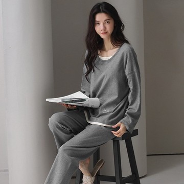 Pink Lady 罩杯式 棉柔長袖成套睡衣 霧灰柔語 秋冬兩件式居家服