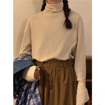 【🍒櫻桃大尺碼】大尺碼德絨雙面磨毛發熱高領長袖t恤堆堆領2024內搭打底衫疊穿寬松上衣