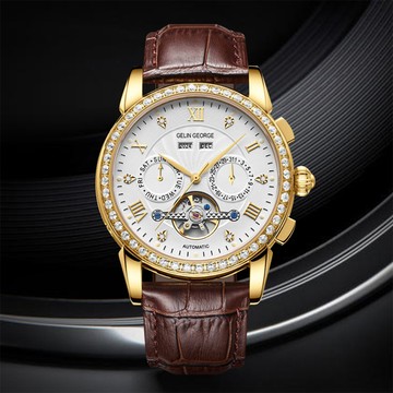【GELIN GEORGE 格林喬治】王者風範系列 GL-607 限量 錶殼錶扣表面黃金 機械 真兩眼 皮革 手錶