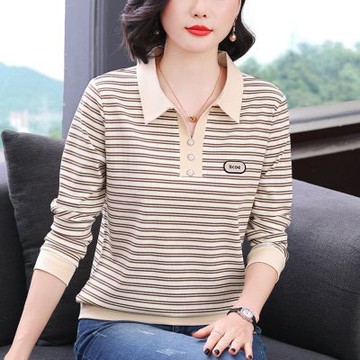 [巴黎精品] 現貨+預購 高級長袖POLO衫寬鬆上衣針織衫簡約大碼休閒大尺碼女裝百搭媽媽裝-條紋款2色a1lq20