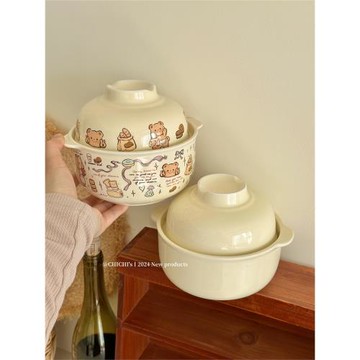 CHICHI's ins簡約陶瓷帶蓋泡面碗可愛宿舍學生家用拉面螺螄粉湯碗