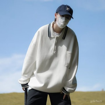 Bib Gladyouthful春裝撞色POLO領衛衣男日係複古春秋休閒翻領上衣純色套頭外套