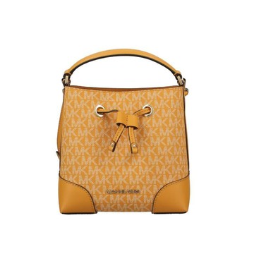 【Michael Kors】滿版LOGO拼接皮革水桶包-滿版桔黃