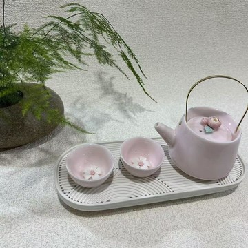 🌈茶杯茶壺🌈粉色捏花提樑壺功夫茶具套裝一壺四杯帶茶盤小套女生簡約泡茶杯壺茶杯 茶具 煮茶壺 陶瓷茶具 茶具套裝