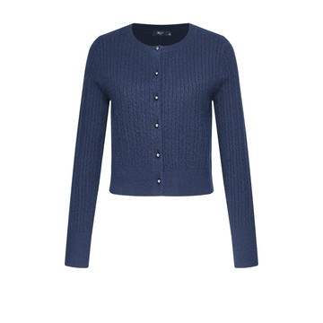 圓領麻花開襟針織外套/深藍色 | 5627531179