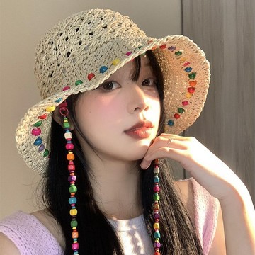 【PING'S🌞】泫雅風 彩色 木珠 草帽 女 夏季 鏤空 大帽簷 遮陽 防曬帽 可折疊 漁夫 帽子 潮