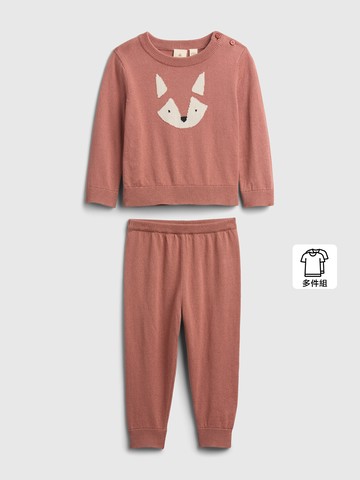 嬰兒裝 純棉刺繡圓領長袖長褲針織家居套裝-桃粉色