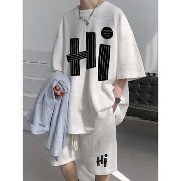 華夫格休閑套裝男款夏季潮牌港風寬松大碼印花運動短袖短褲兩件套