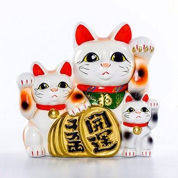 日本製常滑燒 三匹貓千萬兩開運招財福貓陶瓷擺件開業禮物存錢罐