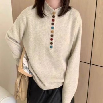 La Belleza設計感彩色鈕扣立領針織毛衣寬鬆顯瘦內搭套頭軟糯針織上衣