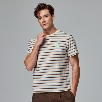 moz瑞典 駝鹿 愛心駝鹿 舒適柔棉 100%純棉條紋短T-米色條紋(亞洲版)男款