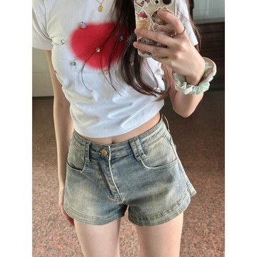 已售9642件💖赤道少女 牛仔短褲 高街牛仔褲 A字熱褲 高腰顯瘦 女生褲子 短褲女 設計感 美式復古