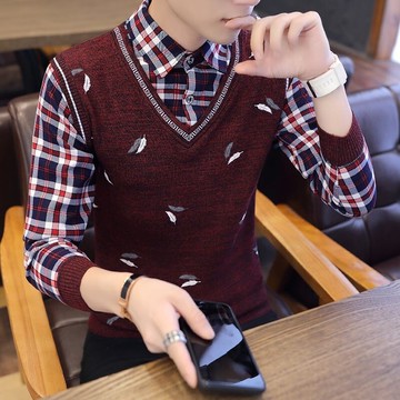 假兩件加絨毛衣男|大碼85公斤男裝上衣|襯衫領套頭針織衫|男青少年加厚打底衫|學生韓版毛衣衫|修身長袖毛衣|假兩件上衣