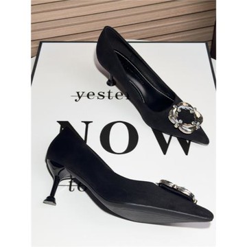 水鉆氣質中跟5CM黑色職業高跟鞋女尖頭細跟2025年新款淺口工作鞋