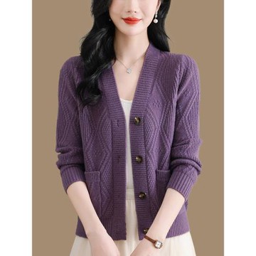 V領羊毛針織開衫女春秋新款寬松短款上衣小個子外穿洋氣毛衣外套