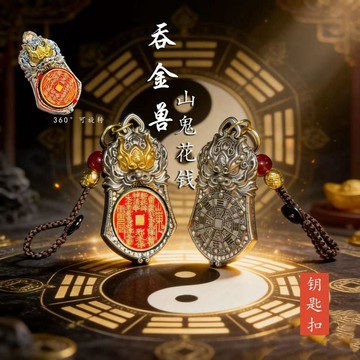 🧲臺灣出貨🧲山鬼鑰匙扣 花錢吞金獸獸男女汽車鑰匙扣掛件國潮銀色合金新中式