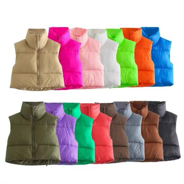 2025冬季新款女短款純色羽絨棉馬甲歐美時尚修身立領寬松棉衣背心鑫弘-素時衣櫥