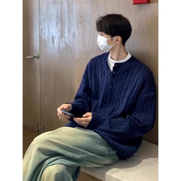 美式亨利領毛衣男款冬季加厚高級感慵懶風打底針織衫cleanfit外套