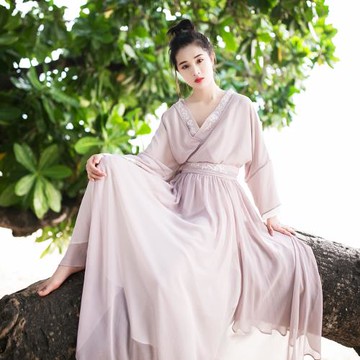 【5折】復古改良漢服領刺繡長裙女春秋季顯瘦氣質大裙擺連衣裙子