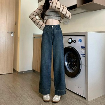 複古藍加絨牛仔褲女秋冬新款胖妹妹高腰寬鬆顯瘦小個子直筒褲梨形身材復古直筒褲超顯腿長 喇叭褲 梨形身材 牛仔褲 顯
