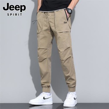 吉普休閑褲男士冬季2025新款潮牌加厚工裝長褲子純色帥氣束腳男褲