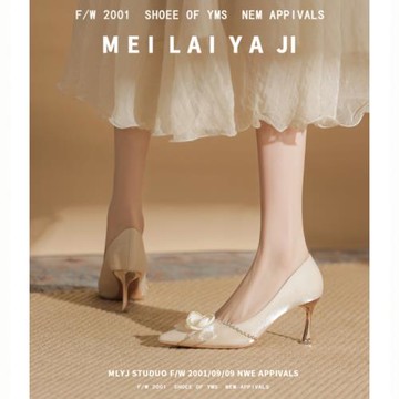 意美絲花朵高跟鞋女2025新款春秋緞面尖頭細跟單鞋絕美婚鞋新娘鞋