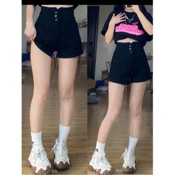 黑色高腰牛仔短褲女夏薄款胖妹妹mm設計感遮肚顯瘦a字闊腿熱褲潮