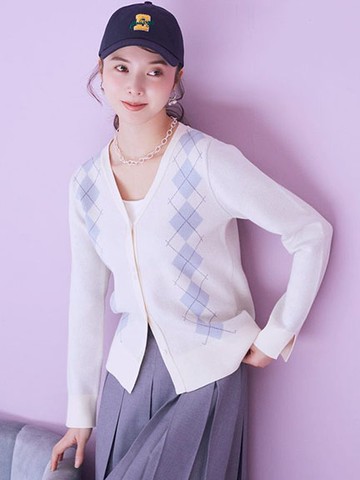 菱格紋圖案V領開襟罩衫(01001268100) - earth music&ecology