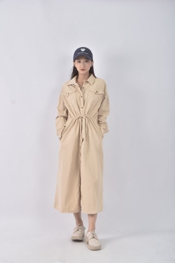 (L) tiff質感棉質長袖杏色洋裝