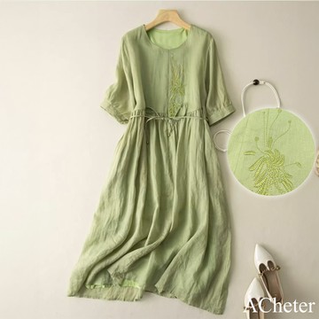 【ACheter】文藝棉麻感刺繡圓領簡約純色輕薄顯瘦長洋裝# 122259(現貨+預購)