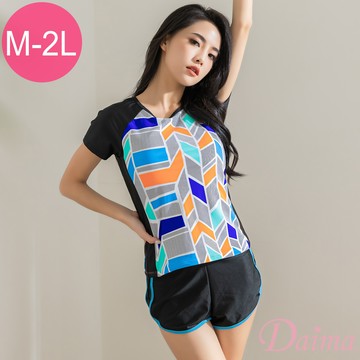 Daima黛瑪 女泳裝 兩件式附泳帽 M-2L 藍色運動風拼色修身顯瘦T袖短袖兩件式泳裝 顯瘦-B221070