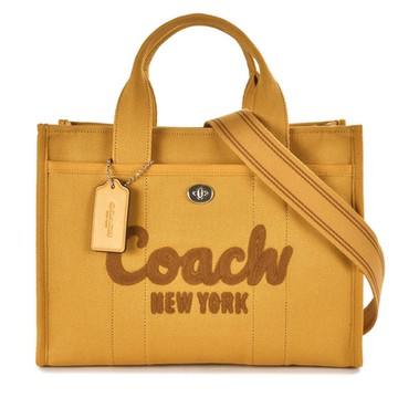 COACH 專櫃款 CARGO 34 草寫LOGO 經典帆布手提/斜背兩用托特包-琥珀黃色