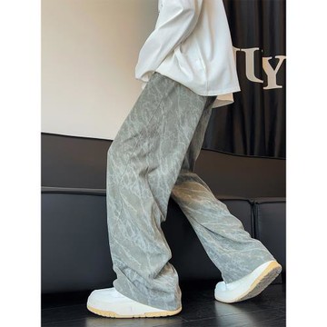 扎染燈芯絨褲子男冬季直筒寬松闊腿長褲美式運動衛褲痞帥休閑褲潮